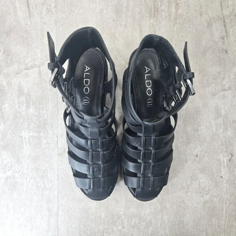 Aldo Fisherman Sandals Sz 7 Black Leather Grunge Goth Strappy Caged Chunky Lug - Picture 2 of 12